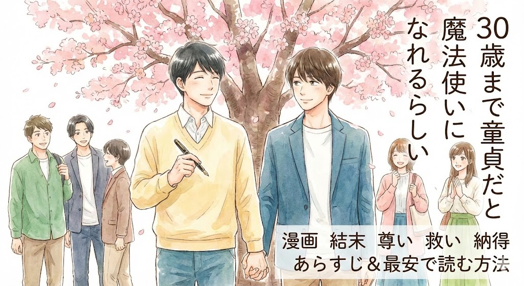 チェリまほ原作漫画風アイキャッチ。安達と黒沢が手を繋ぎ、仲間と桜の下で微笑む。「漫画 結末 尊い 救い 納得 あらすじ＆最安で読む方法」の文字入り。