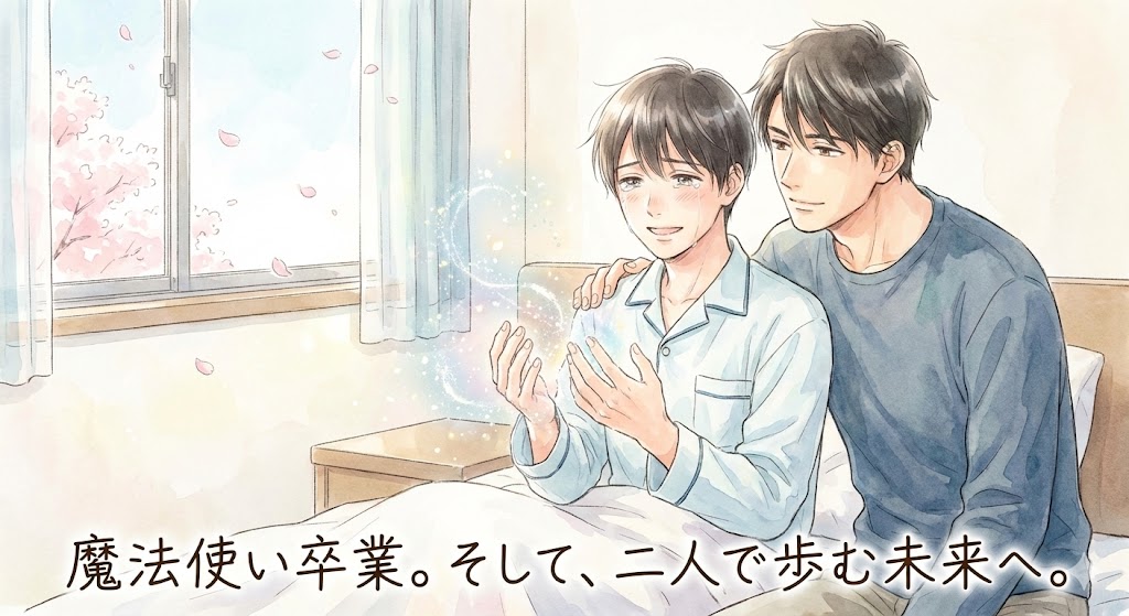 チェリまほの魔法使い卒業シーン。安達の手元から魔法が消え、黒沢が寄り添う感動的なイラスト。原作風の画風で「二人で歩む未来へ」の文字入り。
