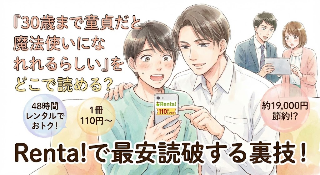 チェリまほをRenta!で安く読む方法を解説するイラスト。安達と黒沢がスマホで110円レンタルを確認する様子。原作風タッチで節約情報を掲載。