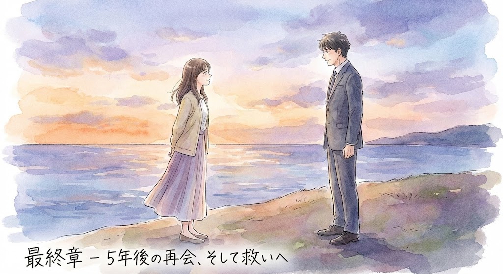 漫画『中学聖日記』の結末シーン。5年後に再会した聖と晶が、夕暮れの海を背景に穏やかに微笑み合う様子を描いた水彩風イラスト。