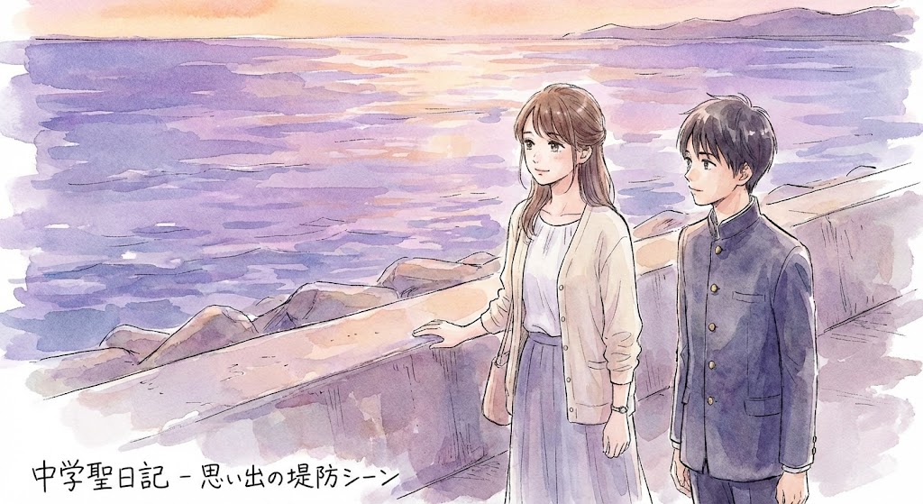 中学聖日記の代表的なシーン。夕暮れの堤防で末永聖と黒岩晶が並んで海を眺めている。水彩画のような繊細なタッチで、物語の切なさを表現している。