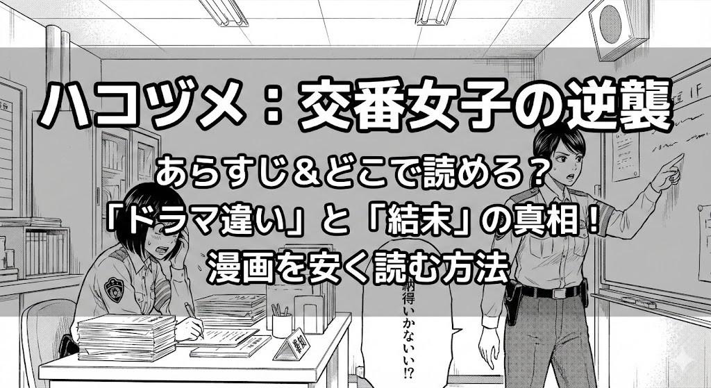 漫画『ハコヅメ』の川合と藤のイラスト。「あらすじ＆どこで読める？」「ドラマ違いと結末の真相」「安く読む方法」等の文字入りアイキャッチ画像。