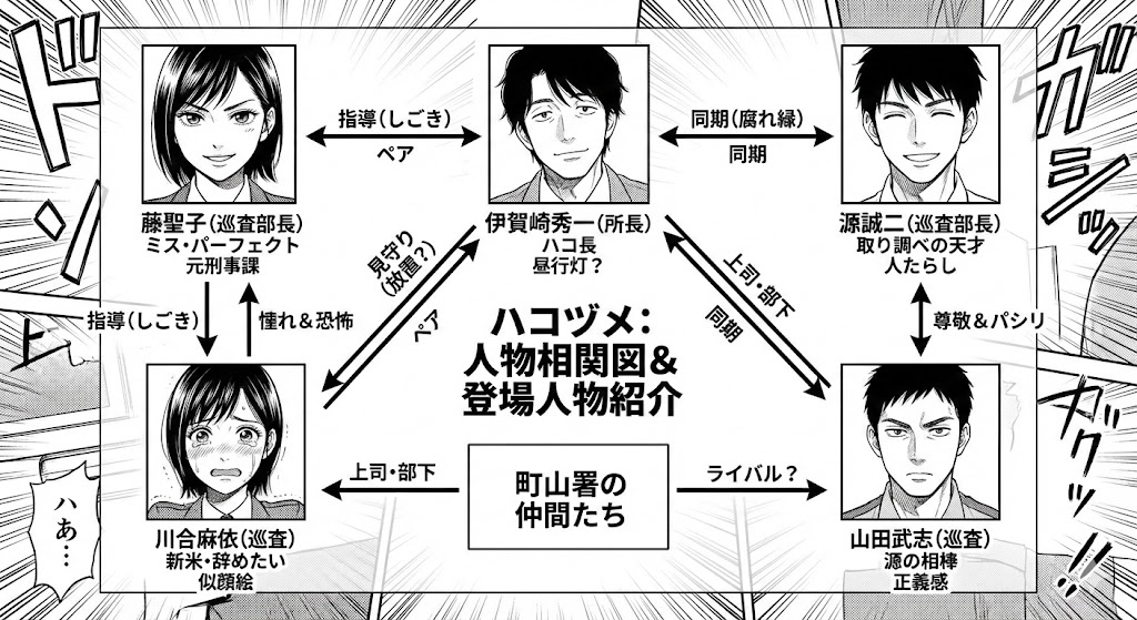 漫画『ハコヅメ』の登場人物相関図。藤聖子、川合麻依、伊賀崎、源、山田といった主要キャラクターの関係性を整理したイラスト。