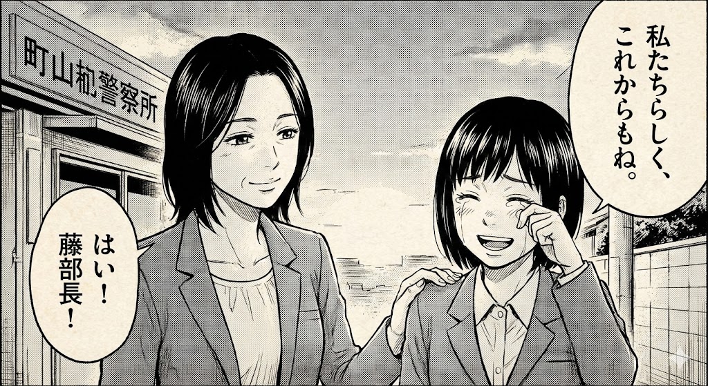 漫画『ハコヅメ』の物語終盤をイメージした、涙を流しながらも晴れやかな笑顔を見せる川合巡査と、優しく肩に手を置く藤巡査部長の感動的な一場面。