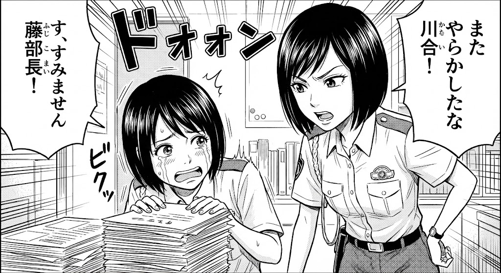漫画『ハコヅメ』のワンシーン。交番で書類の山を前に泣きながら謝る川合巡査と、それを怒鳴りつける藤巡査部長のイラスト。