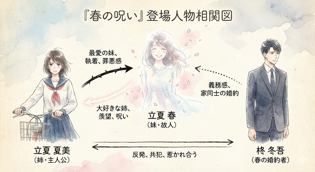 『春の呪い』の登場人物相関図。姉の夏美、亡き妹の春、婚約者の冬吾が抱える愛憎や罪悪感などの複雑な心理を、繊細なタッチで視覚的にまとめた画像。