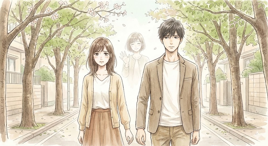 漫画『春の呪い』結末。葉桜の道を歩く夏美と冬吾。二人は視線を合わさず、背後では亡き妹の春が透けた姿で微笑み、手を振って見送っている。