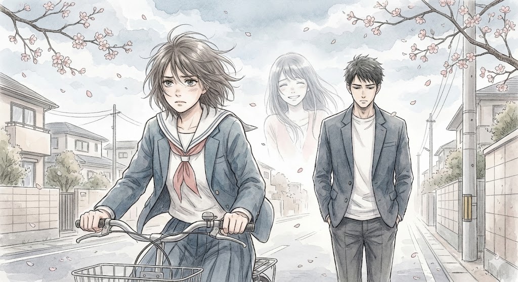 『春の呪い』の結末を象徴する、自転車に乗る夏美と冬吾のシーン。背後で微笑む妹・春の影と舞い散る桜が、物語の救いと切なさを表現。