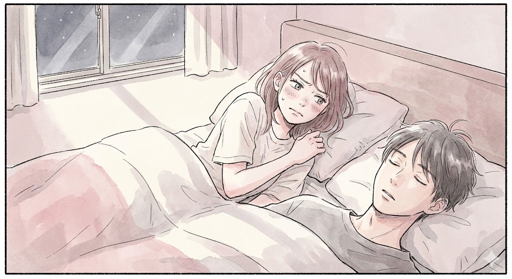 漫画『カカフカカ』の代表的なシーン。主人公の亜希が、隣で眠る本行智也を複雑な表情で見つめている添い寝の様子を描いたイラスト。