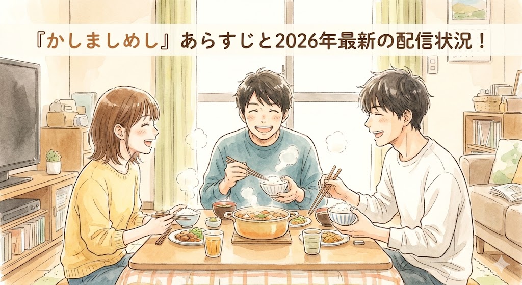 『かしましめし』の3人が食卓を囲む温かいイラスト。2026年最新のあらすじや配信状況を解説するブログ記事用のアイキャッチ画像。
