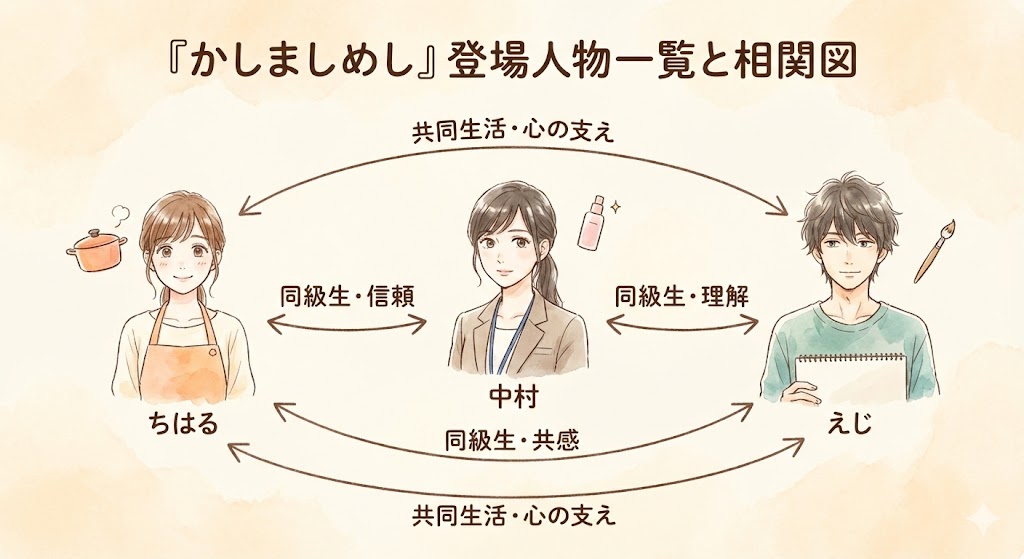 漫画『かしましめし』の千春、中村、英治の3人の関係性を示す相関図。共同生活や同級生としての絆を水彩画風のイラストで描いた画像。