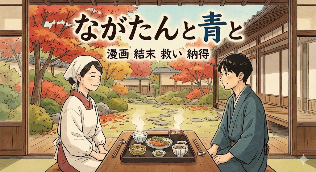 『ながたんと青と』の結末を象徴する画像。いち日と周が紅葉の庭を背景に縁側で微笑み合う、救いと納得に満ちた食卓の風景。
