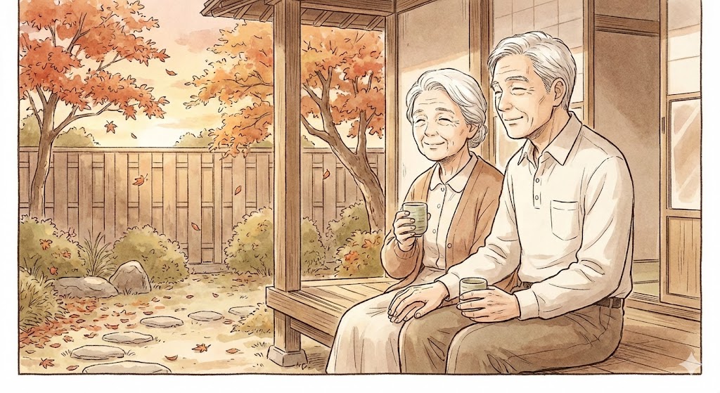 『ながたんと青と』の結末を象徴する、白髪になったいち日と周の穏やかな老後。縁側で寄り添う二人の姿に究極の救いと納得を感じる至福の一枚。