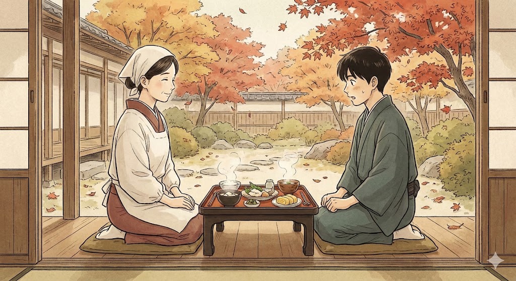 『ながたんと青と』を象徴する食卓の風景。秋の庭を望む料亭で、いち日と周が料理を介して穏やかに心を通わせる、作品の温かな世界観を表現。