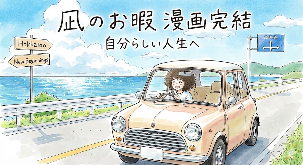 「凪のお暇」漫画完結記念の水彩風イラスト。笑顔で車を運転する凪が、北海道の海沿いを「新しい始まり」の標識へ向かう。「自分らしい人生へ」と新たな旅立ちを象徴。