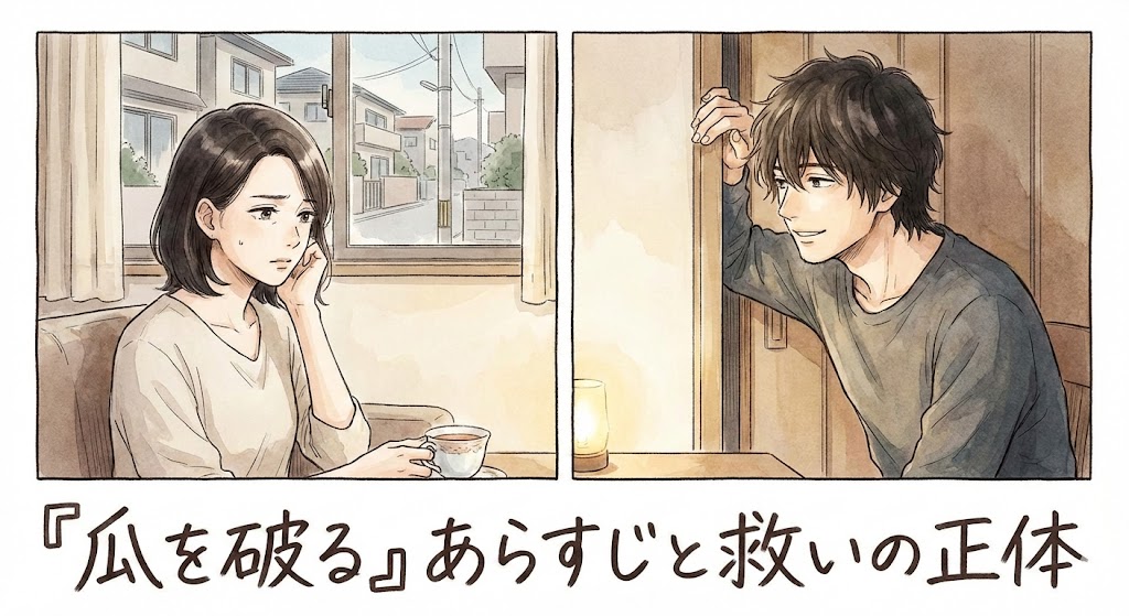 漫画『瓜を破る』のアイキャッチ画像。まい子と鍵谷のイラストと共に、「あらすじと救いの正体」というテキストが配置され、作品の世界観を表現している。