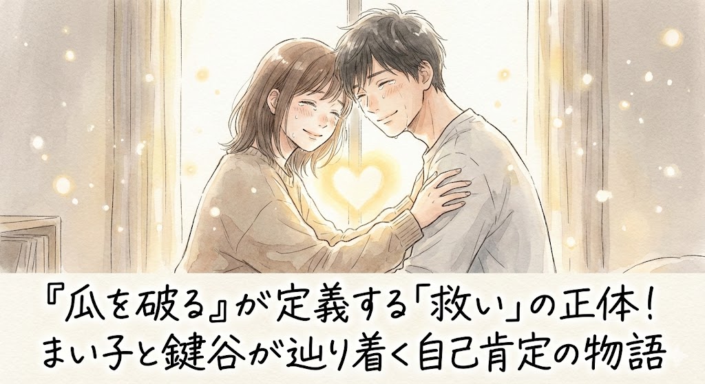 漫画『瓜を破る』のまい子と鍵谷が涙を流しながら微笑むイラスト。自己肯定と「救い」の正体を象徴する、温かく情緒的なイメージ画像。