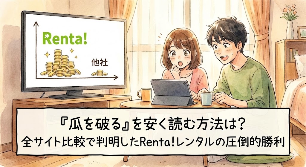 『瓜を破る』を安く読む方法を解説する画像。Renta!と他社の価格比較表を前に、驚く男女のイラストが描かれ、レンタルの安さを強調している。