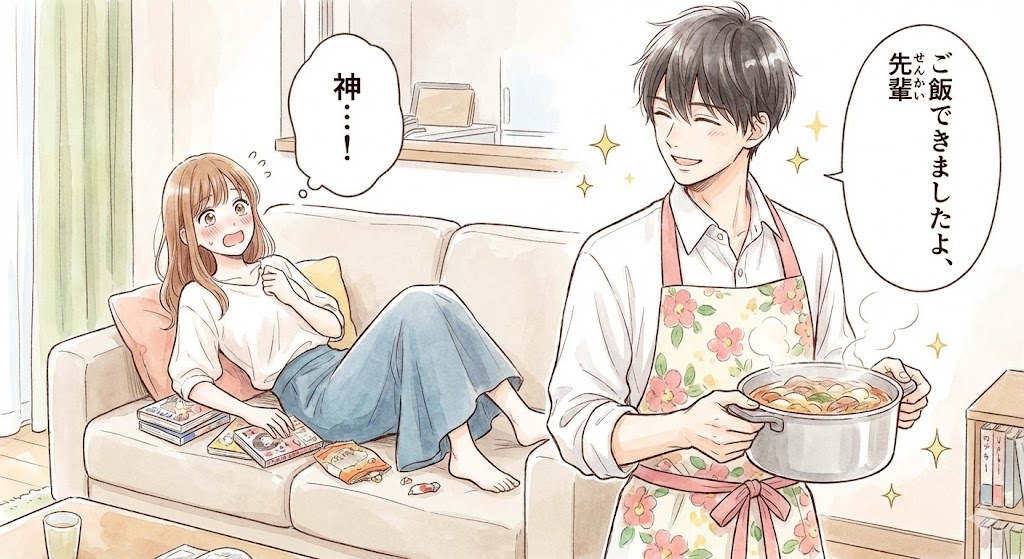 漫画『わたしのお嫁くん』より。ズボラな速見穂香と、エプロン姿で料理を完璧にこなす「家事神」山本知博の対照的な日常を描いたイラスト。