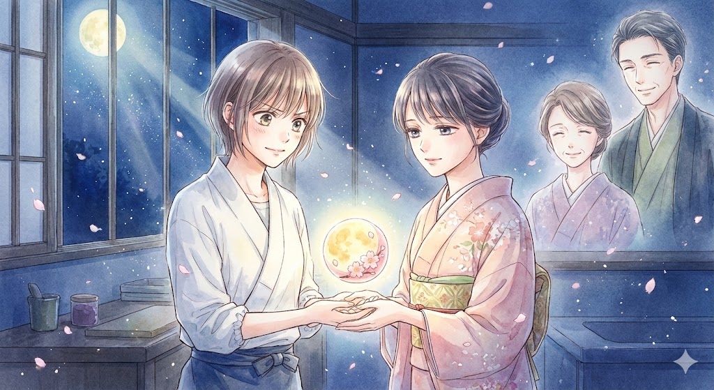 漫画『私たちはどうかしている』の終盤、全ての因縁が解け、和菓子を通じて「救い」が訪れる感動の瞬間を描いた、原作風の繊細なイラスト。