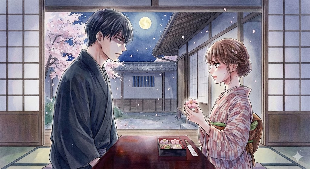 漫画『私たちはどうかしている』の七桜と椿が夜の光月庵で和菓子を前に向き合う、原作風の繊細なタッチで描かれた代表的なシーン。
